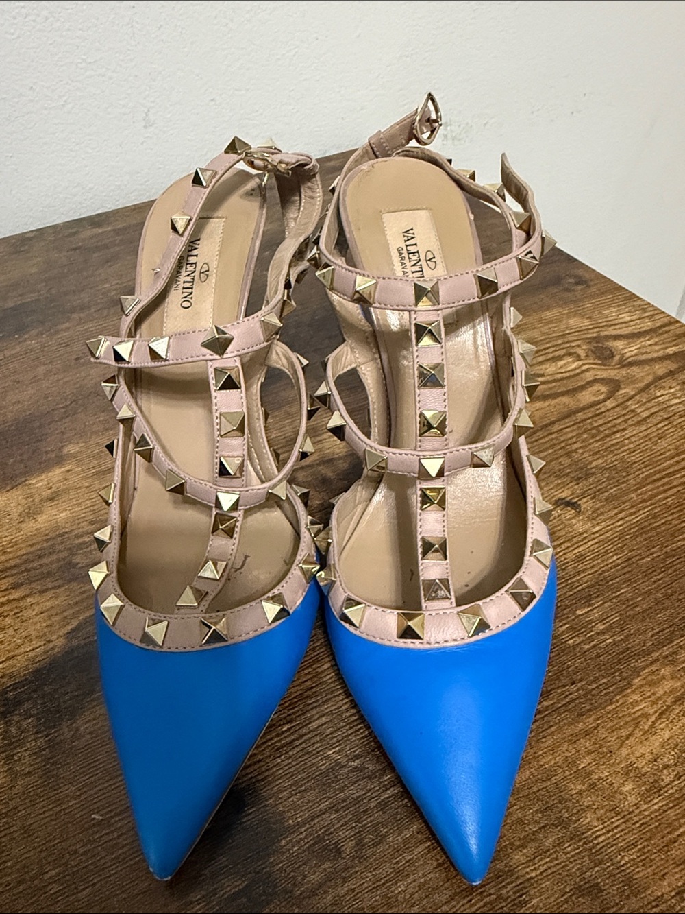 Valentino Rockstud Pointed Slingbacks in Blue and Nude Pink